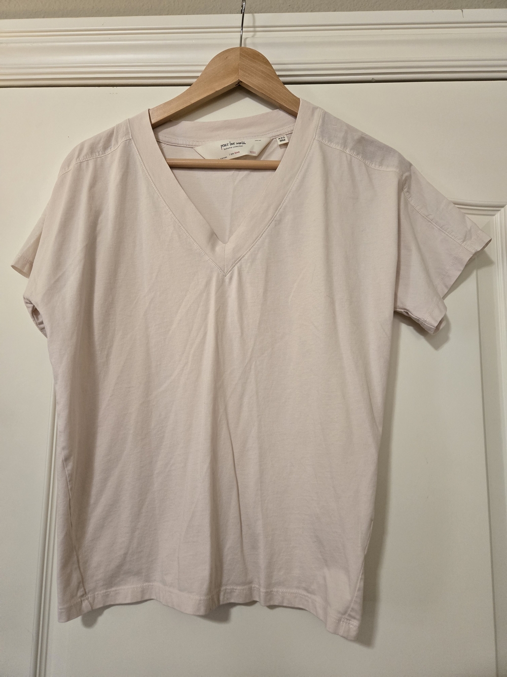 Peace Love World Women's V-Neck Tee in Pale Pink Soft Layering 100% Cotton